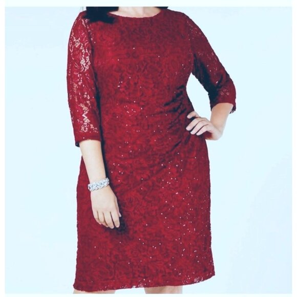 Jessica Howard Cocktail Dress 16W Lace Sequin Overlay Deep Red Holiday Christmas - Picture 2 of 16